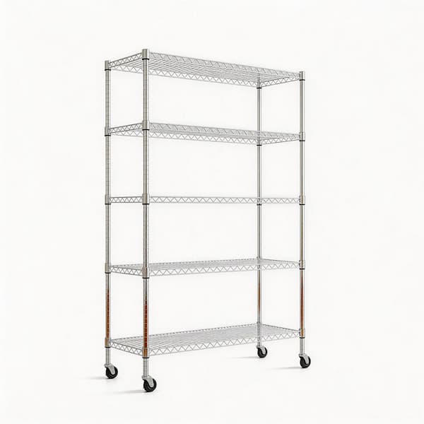 Nia Metal Wire 5-Tier Adjustable Shelving Unit in Chrome with Swivel Wheels (47.25 in. W x 17.72 in. D x 74.00 in. H)