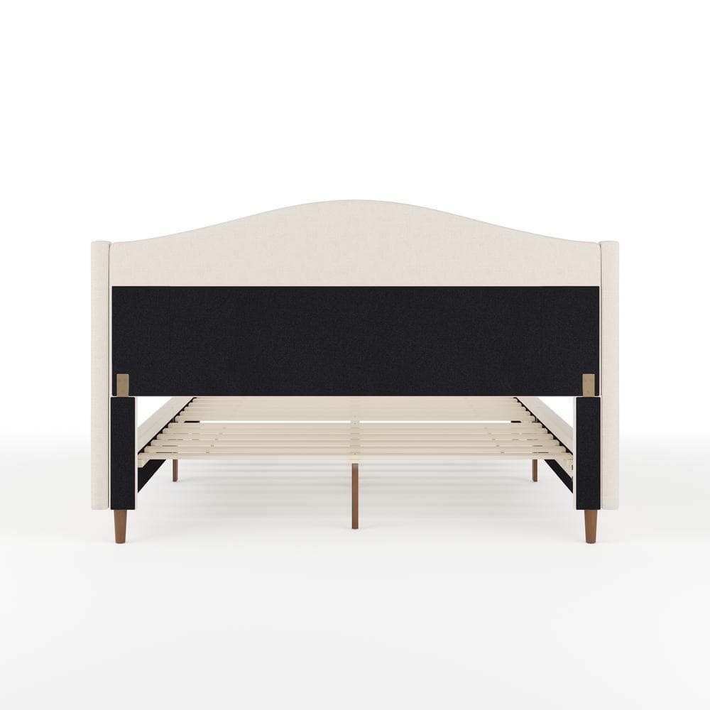 Amelia Queen Beige Linen Upholstered Platform Bed with Walnut Legs