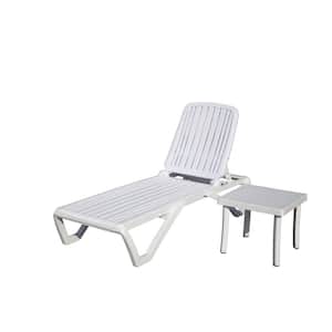 White Plastic Adjustable Outdoor Chaise Lounge with Table, Pool Lounge Chair, Tanning Chair for Beach, Poolside, Lawn