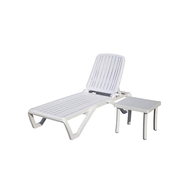 Otryad White Plastic Adjustable Outdoor Chaise Lounge with Table, Pool Lounge Chair, Tanning Chair for Beach, Poolside, Lawn