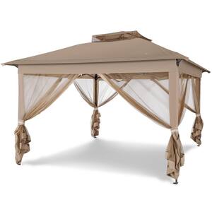 11 ft. x 11 ft. Pop up Patio Gazebo with Mesh curtains in Khaki Double Roof Outdoor Patio Canopy
