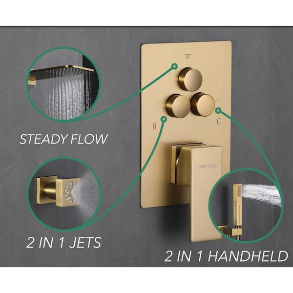 5-Spray Shower Head 20*10 in. Wall Fixed and Handheld Shower Head 1.8 GPM with Pressure Balance and 4Jet in Brushed Gold