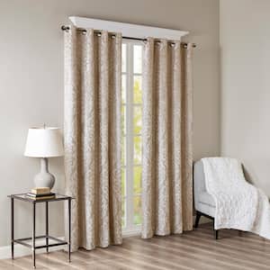Elysia Champagne Total Blackout Knitted Jacquard Damask Grommet Top Curtain Panel 50 in. W x 84 in. L