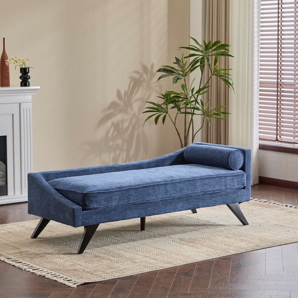 Frederica Modern Navy Blue Polyester Upholstered Chaise Lounge with Rolled Pillow and Birch Wood Legs
