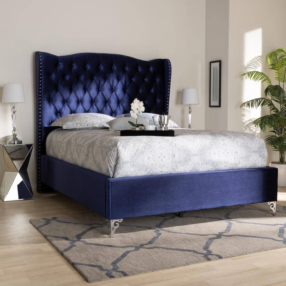 Regal Shimmer King-Sized Wingback Bed with Velvet Upholstery and Nailhead Trim