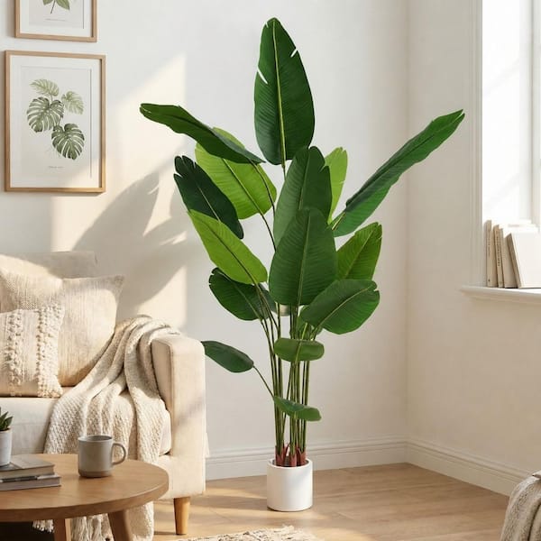 Faux 6.6 ft. Artificial Travelers Palm Tree in Upgraded White Pot for Indoor and Outdoor Decor