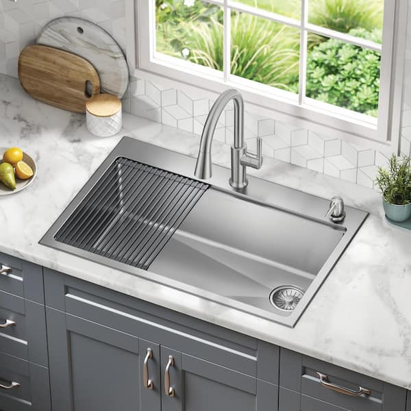 33” Stainless Steel Workstation Kitchen Sink Drop-In Undermount Single Bowl  with WorkFlow™ Ledge and Accessories in Stainless Steel 95A9135-33S-SS-3D