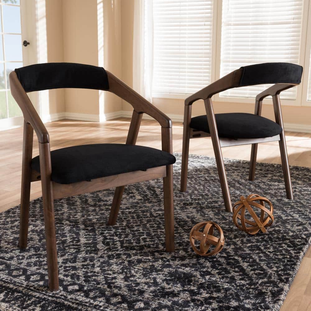 Elegant Mid-Century Modern Black Velvet and Walnut Wood Dining Chairs, Set of 2