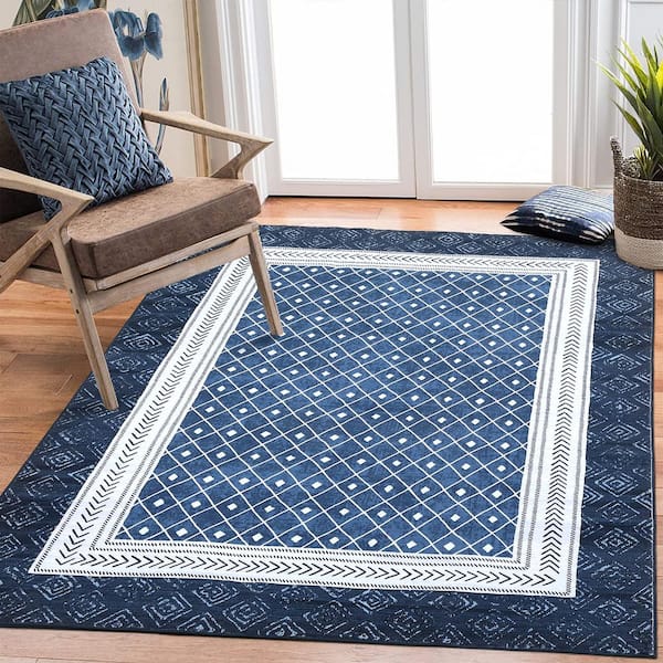 Border Printed Carpet Washable Living Room Decoration for Bedroom Hallway Office Bedside Blue, 9 ft. x 12 ft. Area Rug