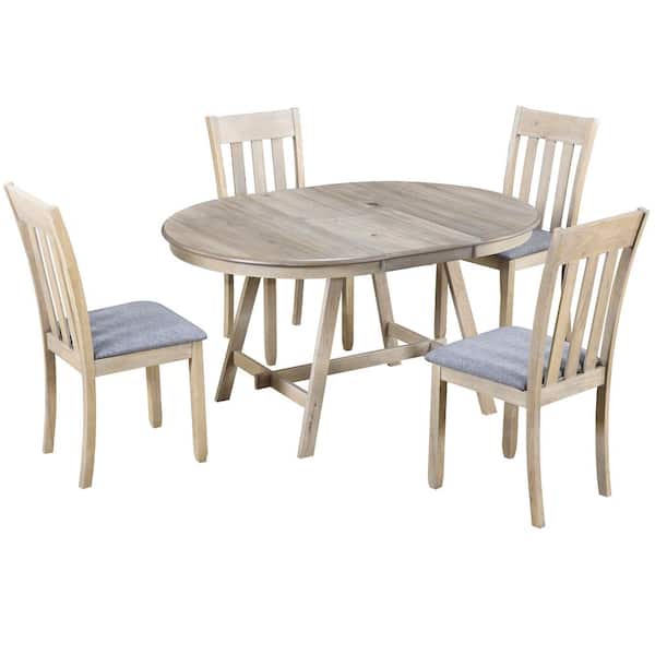 Natural Wash Wood 5 Pieces Extendable Wood Dining Table Set with 4 Dining Chairs for 4