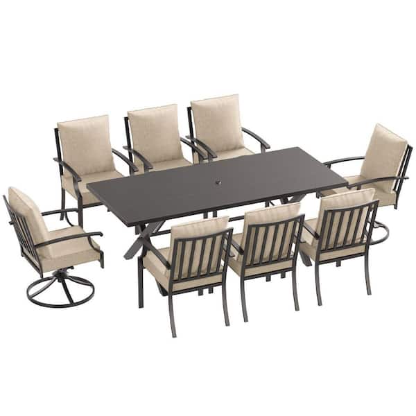 9-Piece Metal Outdoor Dining Set with 6 Dining Chairs, 2 Swivel Rocking Chairs and Cushion Khaki