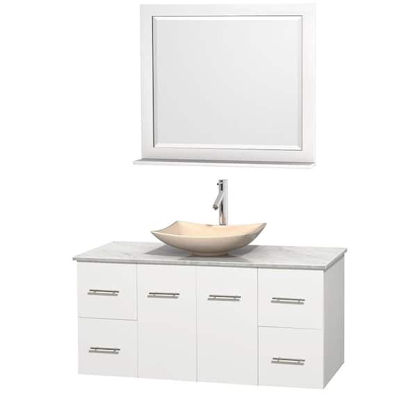 Wyndham Collection Centra 48 in. Vanity in White with Marble Vanity Top in Carrara White, Ivory Marble Sink and 36 in. Mirror