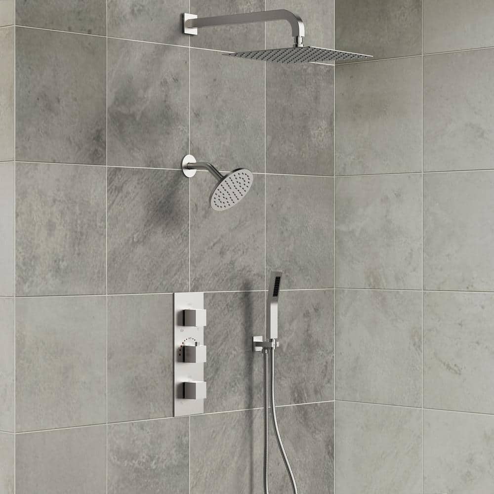 Brushed Nickel Dual Shower System with Handheld Spray and Thermostatic Valve