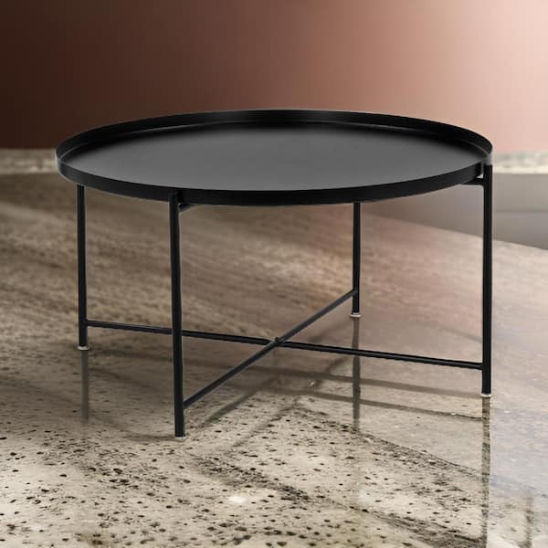 Benjara Ely 33 in. Black Round Metal Coffee Table with Round Tray Top and Cross Base