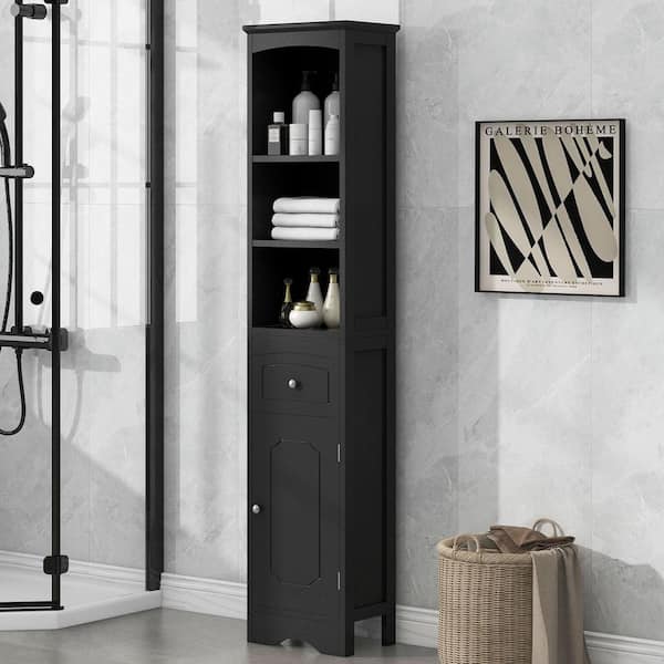 EPOWP 13.4 in. W x 9.1 in. D x 66.9 in. H Freestanding Black MDF Linen Cabinet with Adjustable Shelves and Drawer in Black