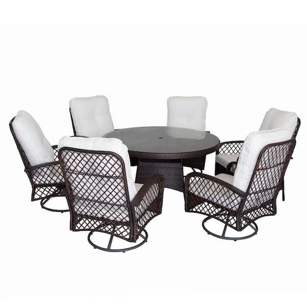 PATIOPTION 7-Piece Wicker Outdoor Dining Set with White Cushion, 53.1 in. Round Table - 2 Armchair Chair Plus 4 Swivel Chair