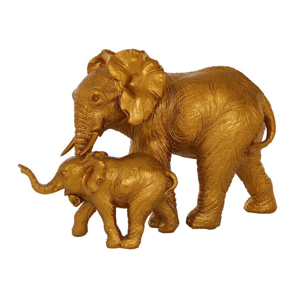 Gold Resin Elephant Figurine with Baby, 6" x 10" x 7"