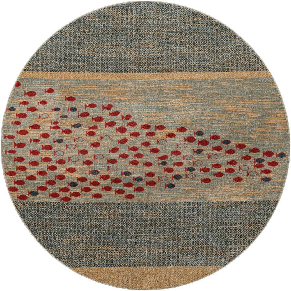 Blue and Light Blue Round Synthetic Easy Care Rug