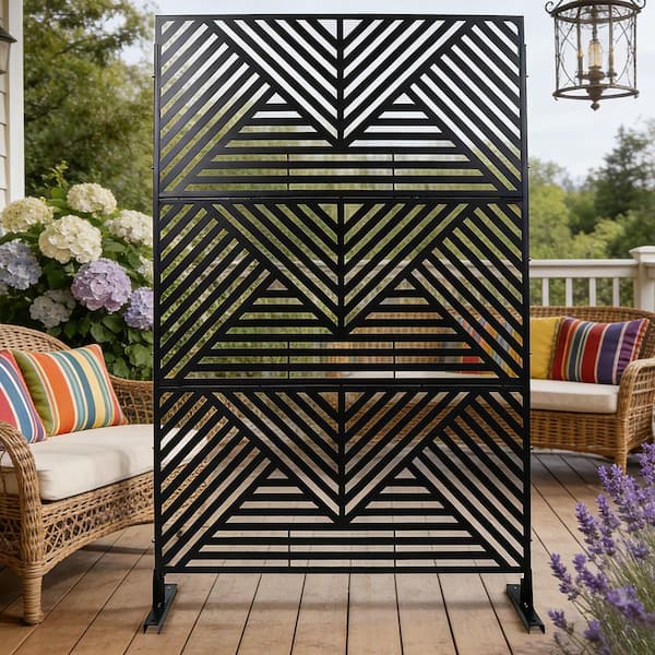 76 in. x 48 in. Freestanding Decorative Privacy Screen Black Metal for Deck Balcony Patio