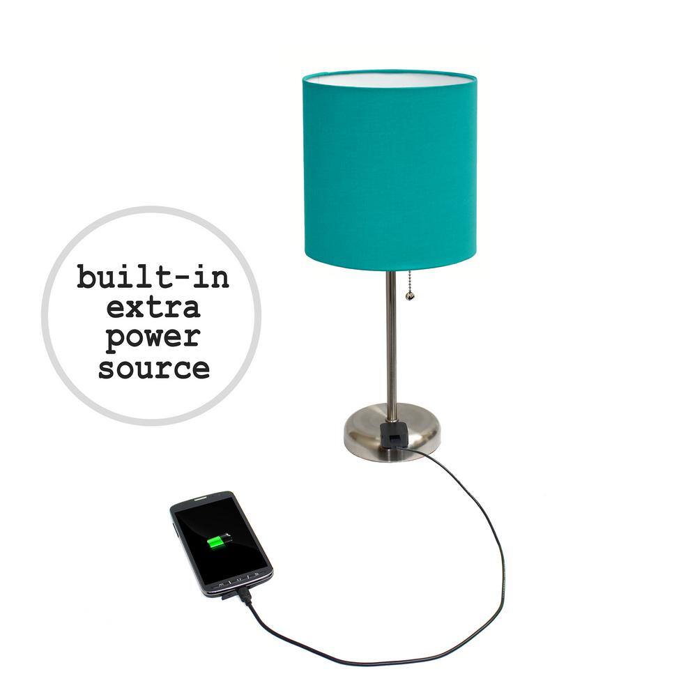Teal Fabric Shade Brushed Steel Stick Table Lamp Set with Charging Outlet