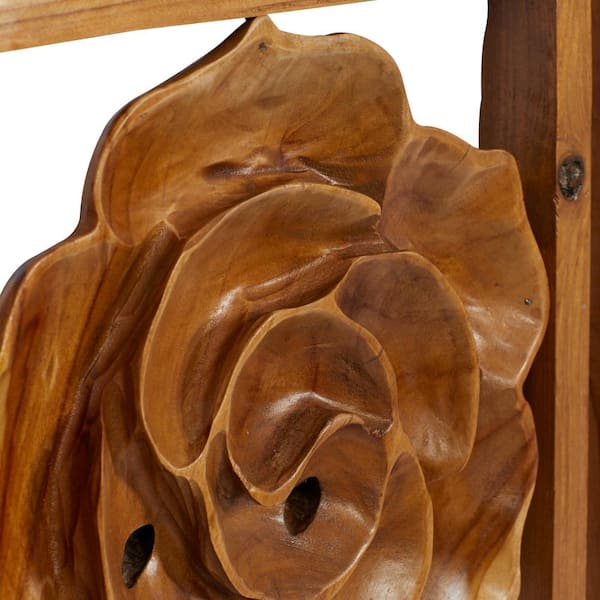 Teak Wood Brown Handmade Framed Carved Leaf and Floral Wall Decor Set of 3