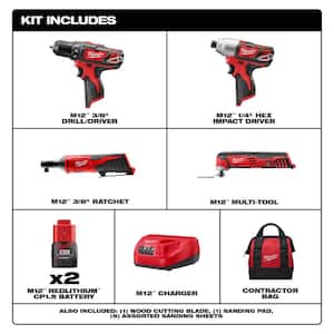 M12 12V Lithium-Ion Cordless Drill Driver/Impact Driver/Ratchet Combo Kit (3-Tool) with M12 Oscillating Multi-Tool