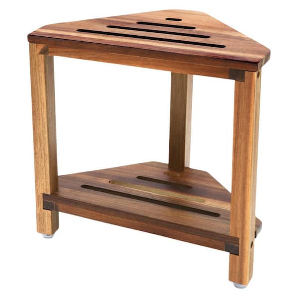 18 in. W Freestanding Non-Slip Corner Shower Stool with Storage Shelf Acacia Wood Brown