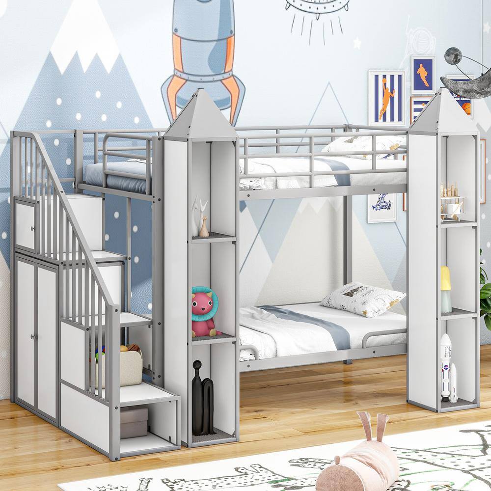 Metal Twin over Twin Castle-shaped Bunk Bed with Wardrobe and Multiple Storage, Gray/White