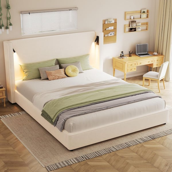 Beige Wood Frame King Upholstered Platform Bed with High Wingback Headboard, Reading Lamp and USB port