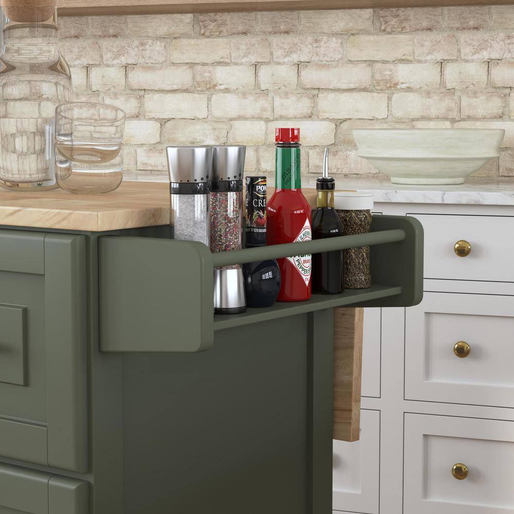 Sage Green Wood Kitchen Cart with Storage and Spice Rack