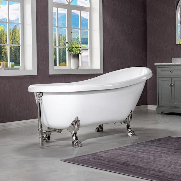 WOODBRIDGE Eurek 67" Heavy Duty Acrylic Slipper Clawfoot Bath Tub in White,Claw Feet,Drain and Overflow in Brushed Nickel