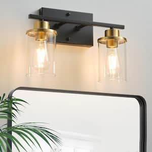 14.61 in. 2 Lights Black and Gold Modern Bathroom Vanity Light with Cylinder Glass Shade for Mirror, Vanity