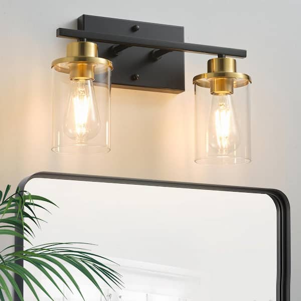 GoYeel 14.61 in. 2 Lights Black and Gold Modern Bathroom Vanity Light with Cylinder Glass Shade for Mirror, Vanity