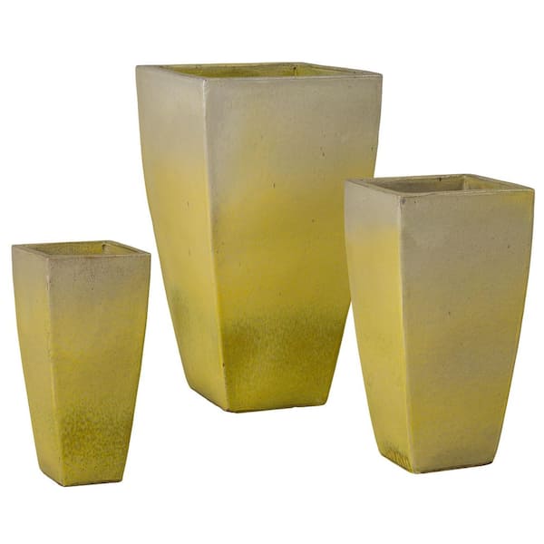 Quad 29.5in. H Yellow Ceramic Square Planters with Drainage Hole (Set of 3)