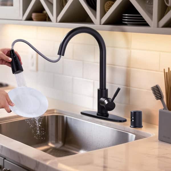 15.6 in. Single Handle Pull Down Sprayer Kitchen Faucet with Dishwasher Air Gap and 360° Swivel in Matte Black