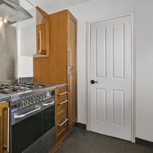 30 in. x 80 in. 4 Panel Left-Handed Primed Composite Solid Core Single Prehung Interior Door 4-9/16 in. Flat Jamb