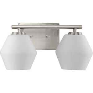 Copeland Collection 15 in. 2-Light Brushed Nickel Vanity Light with Etched Opal Glass Shades