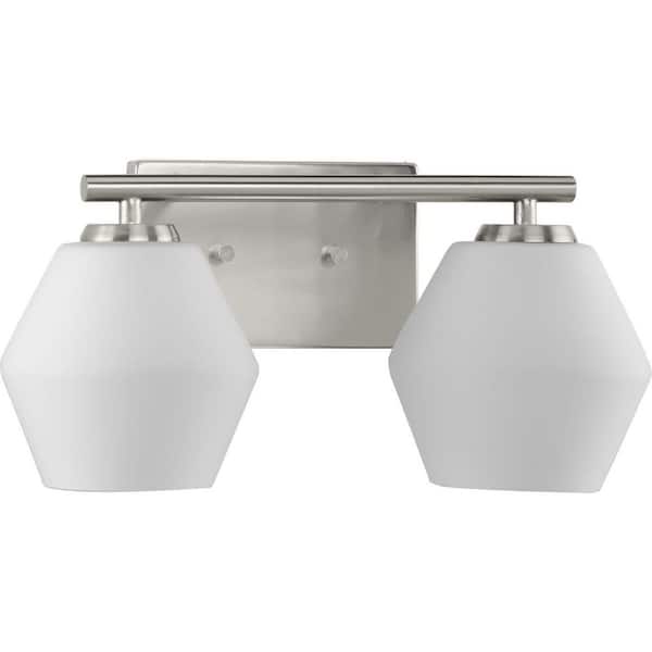 Copeland Collection 15 in. 2-Light Brushed Nickel Vanity Light with Etched Opal Glass Shades