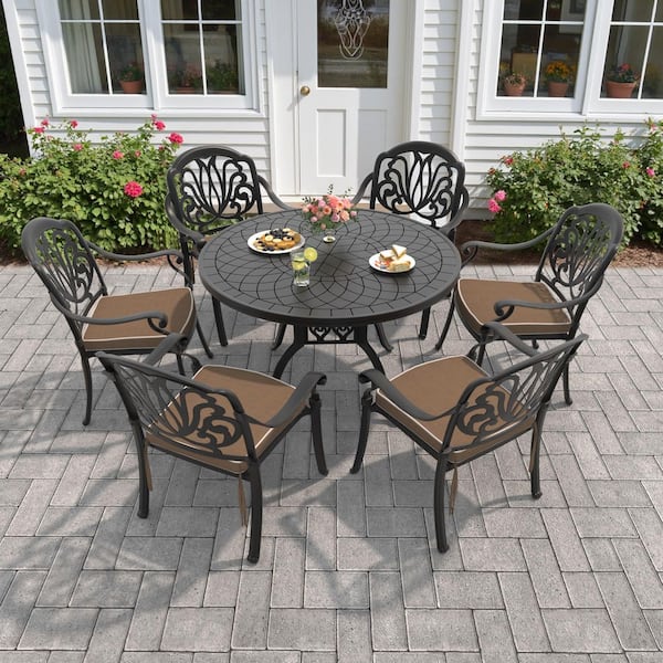 Elizabeth Black 7-Piece Cast Aluminum Outdoor Dining Set with Round Table, Dining Chairs and Random Color Seat Cushion