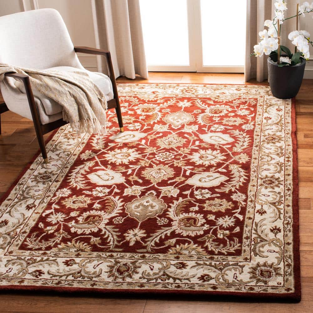 Ivory and Red Hand-Tufted Wool Area Rug, 8' x 10'