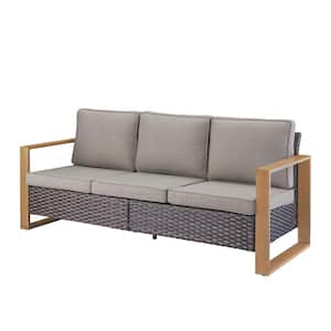 Rectangular Framed Armrest 3 Seat Brown Wicker Outdoor Patio Sofa Couch with Deep Seating & Gray Fade-Resistant Cushions