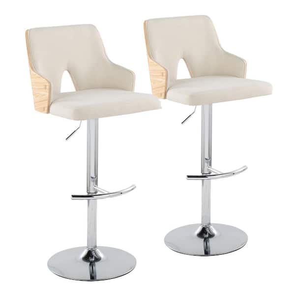 Lumisource Stella 34 in. Cream Fabric, Natural Wood and Chrome Metal Adjustable Bar Stool with Rounded T Footrest (Set of 2)