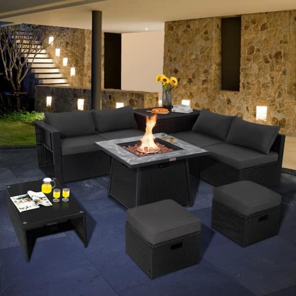 Kadehome 9-Piece Wicker Patio Conversation Sectional Seating Set with Gray Cushions