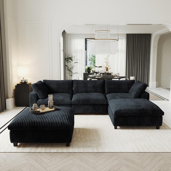 Magic Home Lawson Cloud Couch 118 in. Square Arm Faux Rabbit Fur Velvet Modular Sofa with Ottomans, Washable Covers in. Black