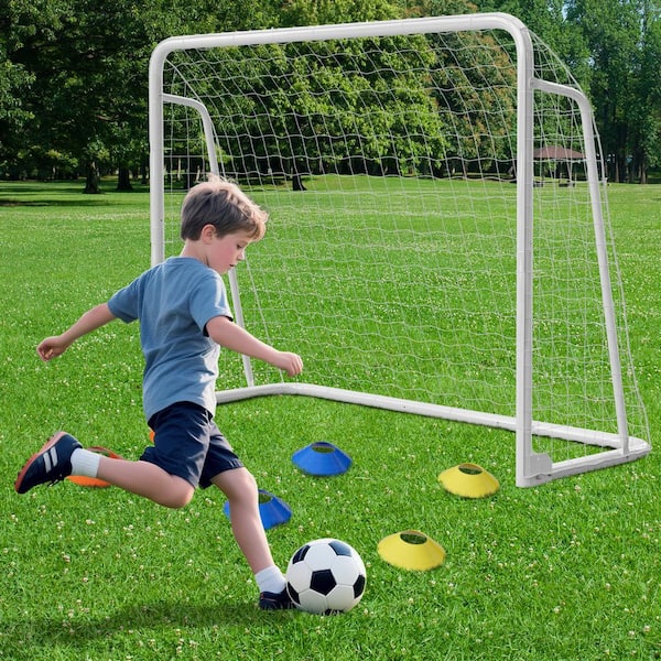 8 x 6 ft. Soccer Goals for Backyard Foldable Steel Soccer Goal with Training Target and 6 Cones Soccer Goal in. White