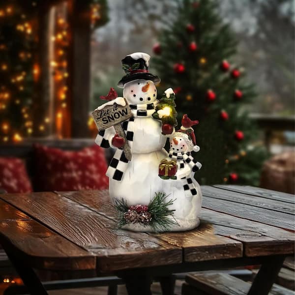 6 in. x 9 in. Black Resin Winter Snowman Hold a Sign Garden Statue