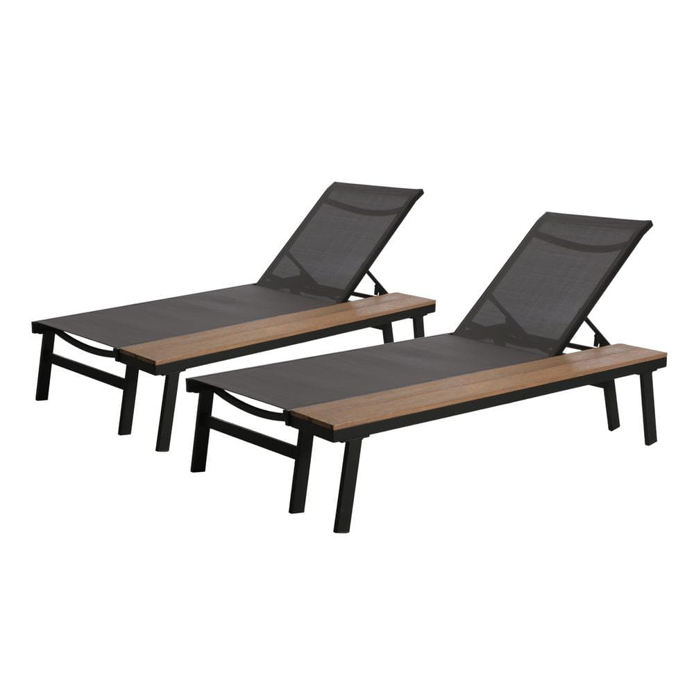 Gray Aluminum and Eucalyptus Outdoor Chaise Lounge Set with Mesh Seating