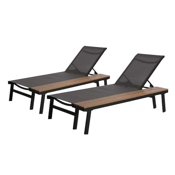 Waterloo Black Aluminum Adjustable Outdoor Chaise Lounge with Side Table (2-Pack)