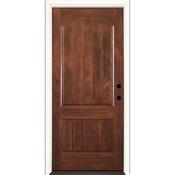 Feather River Doors 37.5 in. x 81.625 in. 2-Panel Plank Chocolate Mahogany Stained Left-Hand Inswing Fiberglass Prehung Front Door