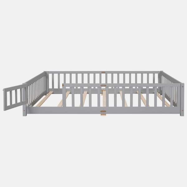 wetiny Gray Wood Frame Queen Size Platform Bed with Fence without Door